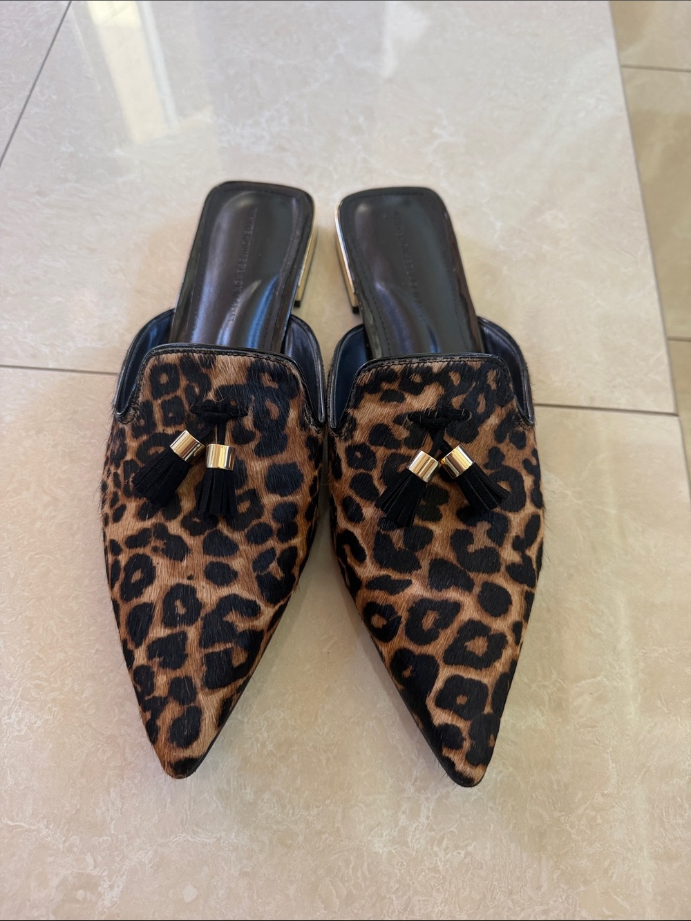 White House Black Market Leopard-Print Pointed Mules with Tassel Detail